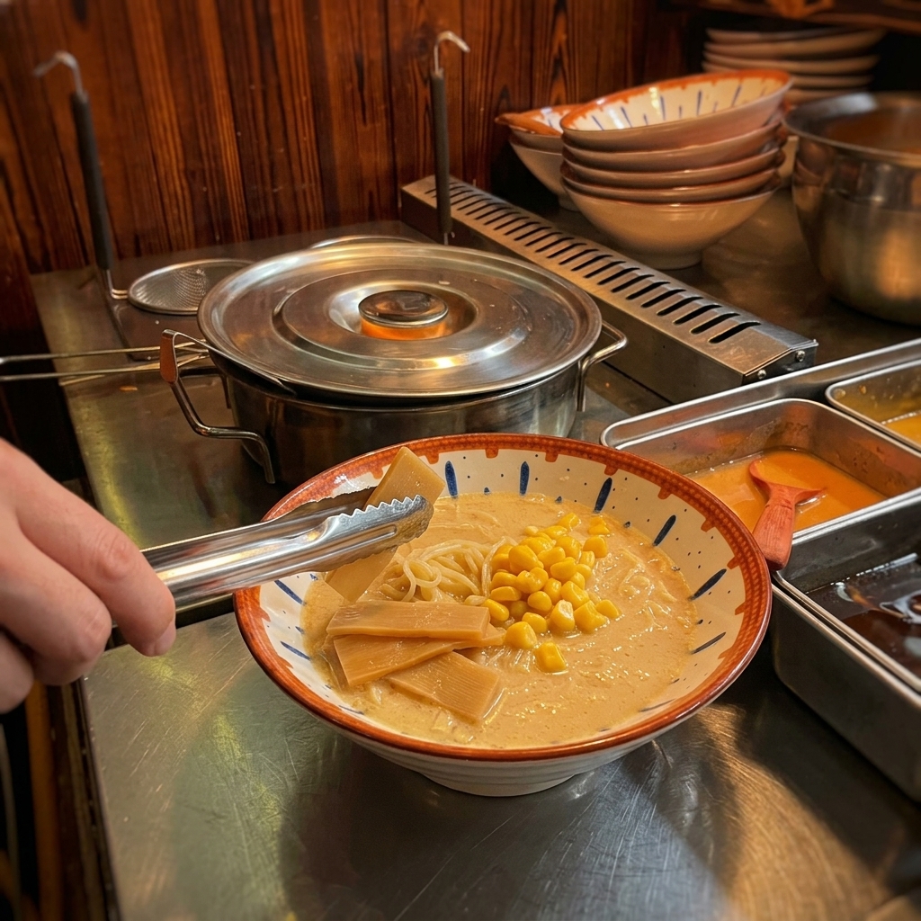 Eine Metallzange arrangiert Scheiben von eingelegten Bambussprossen in der Ramen-Schale.