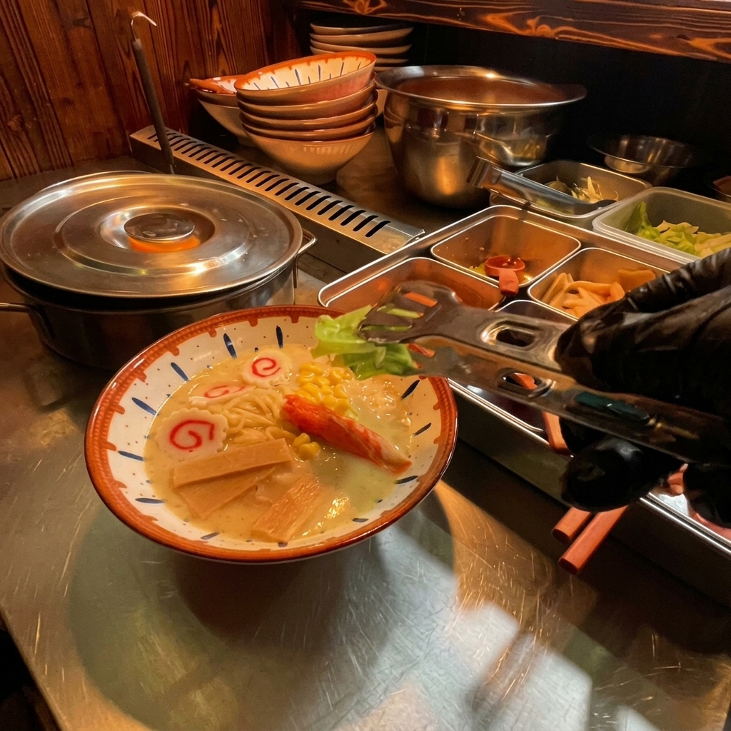Eine Zange platziert ein leuchtend grünes Stück blanchierten Kohl auf den Ramen.