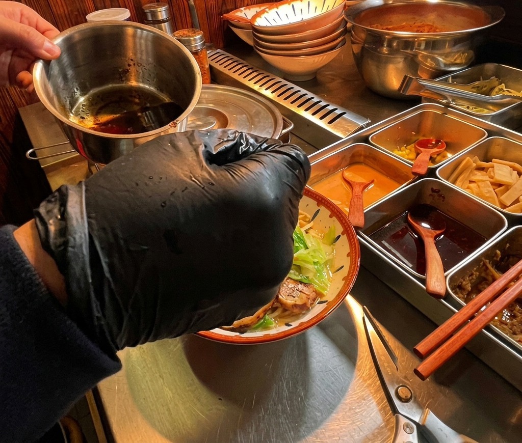 Dunkles schwarzes Knoblauchöl wird aus einem kleinen Behälter über die Ramen-Schale gegossen.