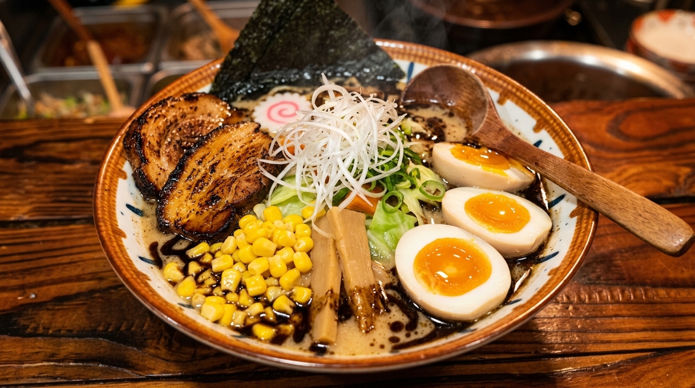 Tonkotsu Ramen mit schwarzem Knoblauchöl und dick geschnittenem Chashu