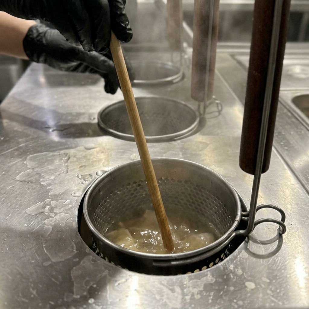 Lange Essstäbchen rühren gelbe Nudeln in einem Nudelsieb im kochenden Wasser.