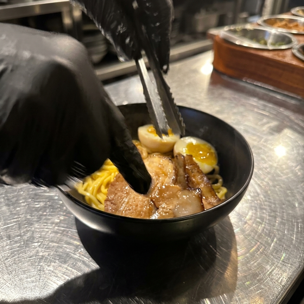 Scheiben von Chashu-Schweinefleisch werden mit einer Zange auf die Nudeln gelegt.