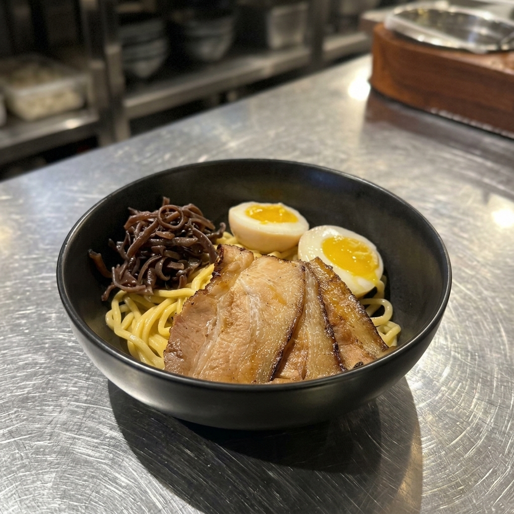 Eine Schüssel Mazesoba, garniert mit Chashu, Eiern und in Streifen geschnittenen Mu-Err-Pilzen.