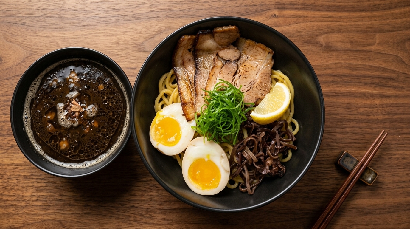 Japanische Mazesoba mit schwarzem Knoblauch