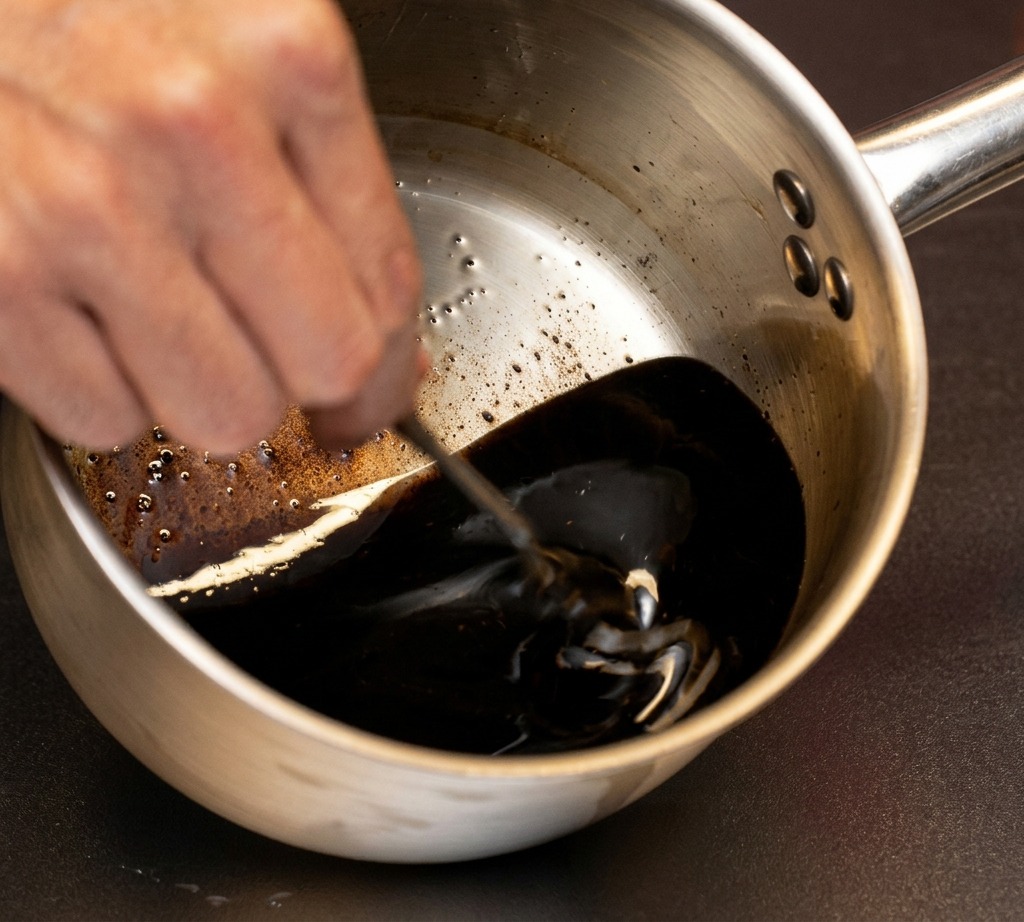 Eine dunkle Mischung aus verkohlten Knoblauchzehen und Öl wird in einem kleinen Metalltopf mit einem Löffel umgerührt.