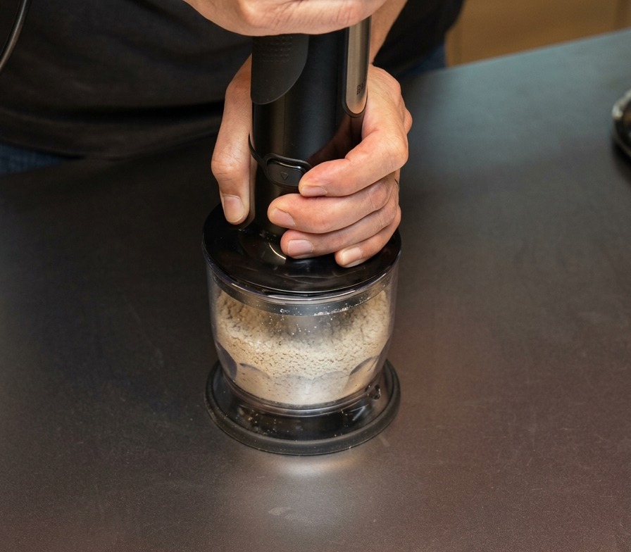 Hände bedienen einen Stabmixer, um Zutaten in einem Mixbecher zu zerkleinern.