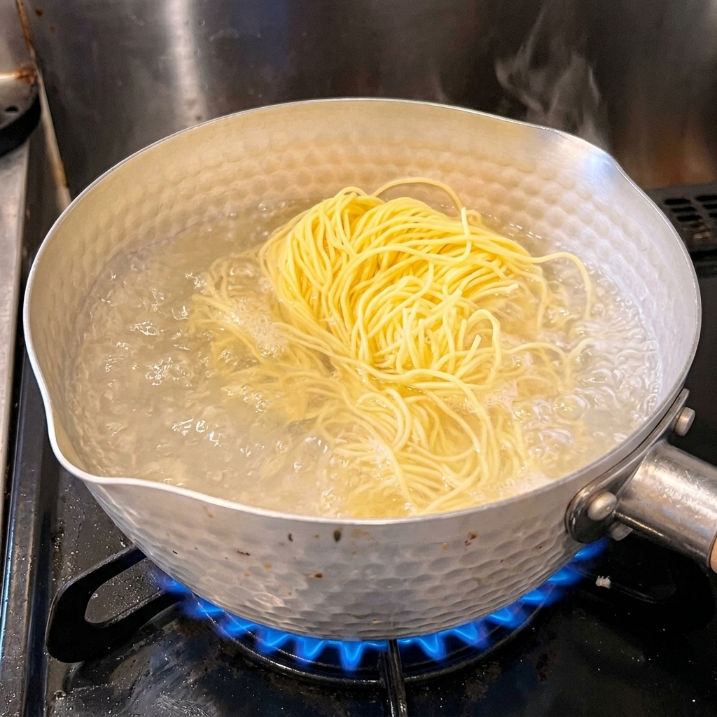 Ein Bündel frische Ramen-Nudeln liegt in einem Topf mit kochendem Wasser.