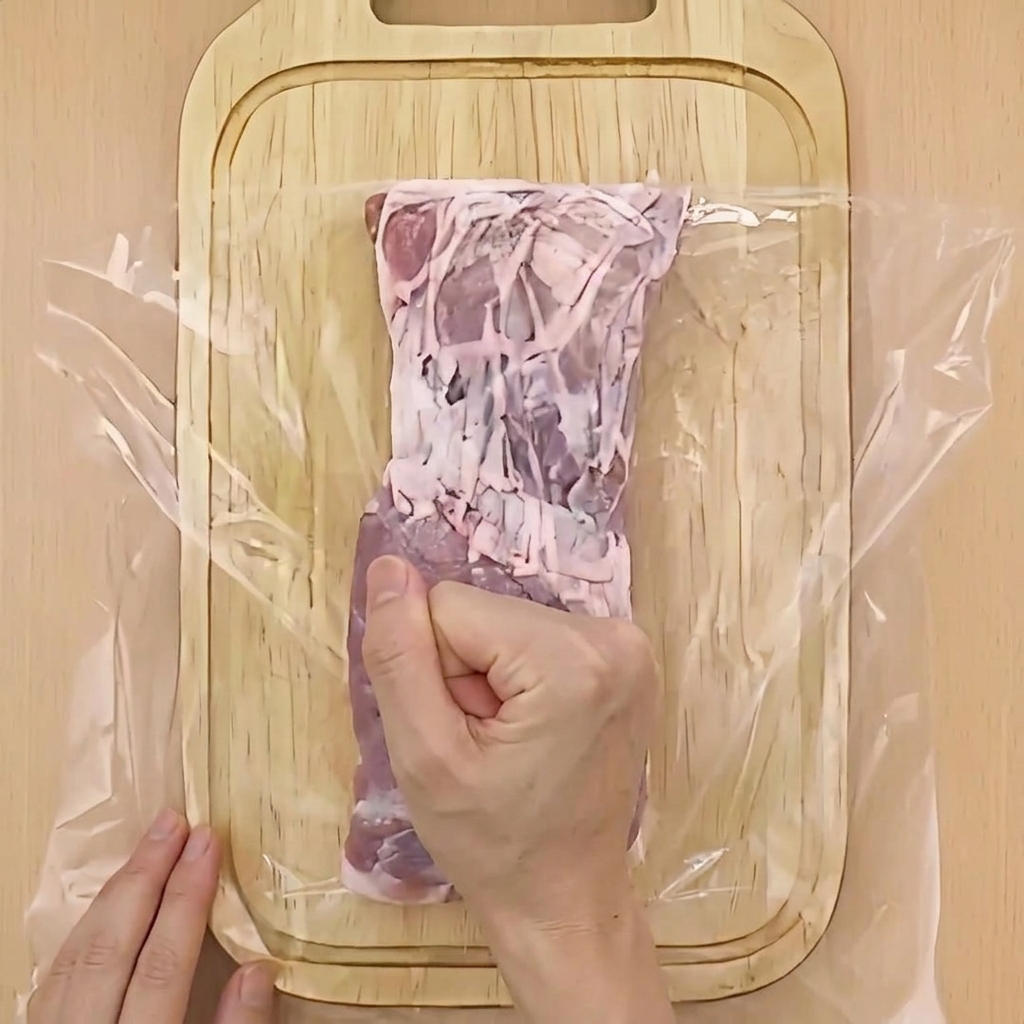 Eine Faust klopft auf Schweinebauch, der mit Frischhaltefolie abgedeckt ist.
