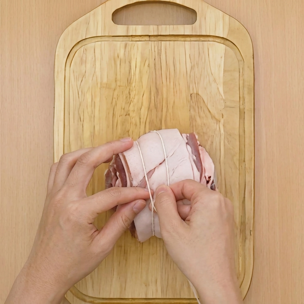 Hände binden eine Rolle Schweinebauch mit Küchengarn fest.