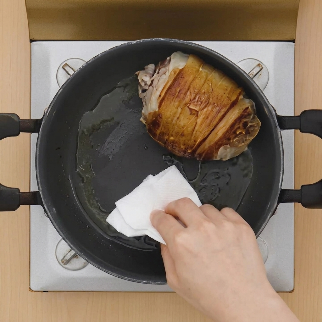 Ein Küchentuch saugt überschüssiges Fett im Topf neben dem Fleisch auf.