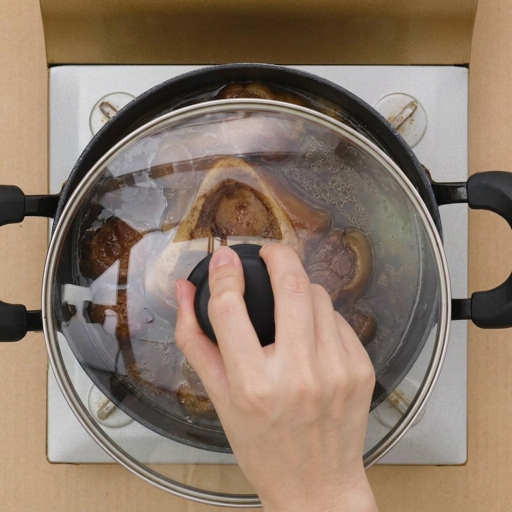 Ein Glasdeckel wird auf den Topf mit dem köchelnden Chashu gesetzt.