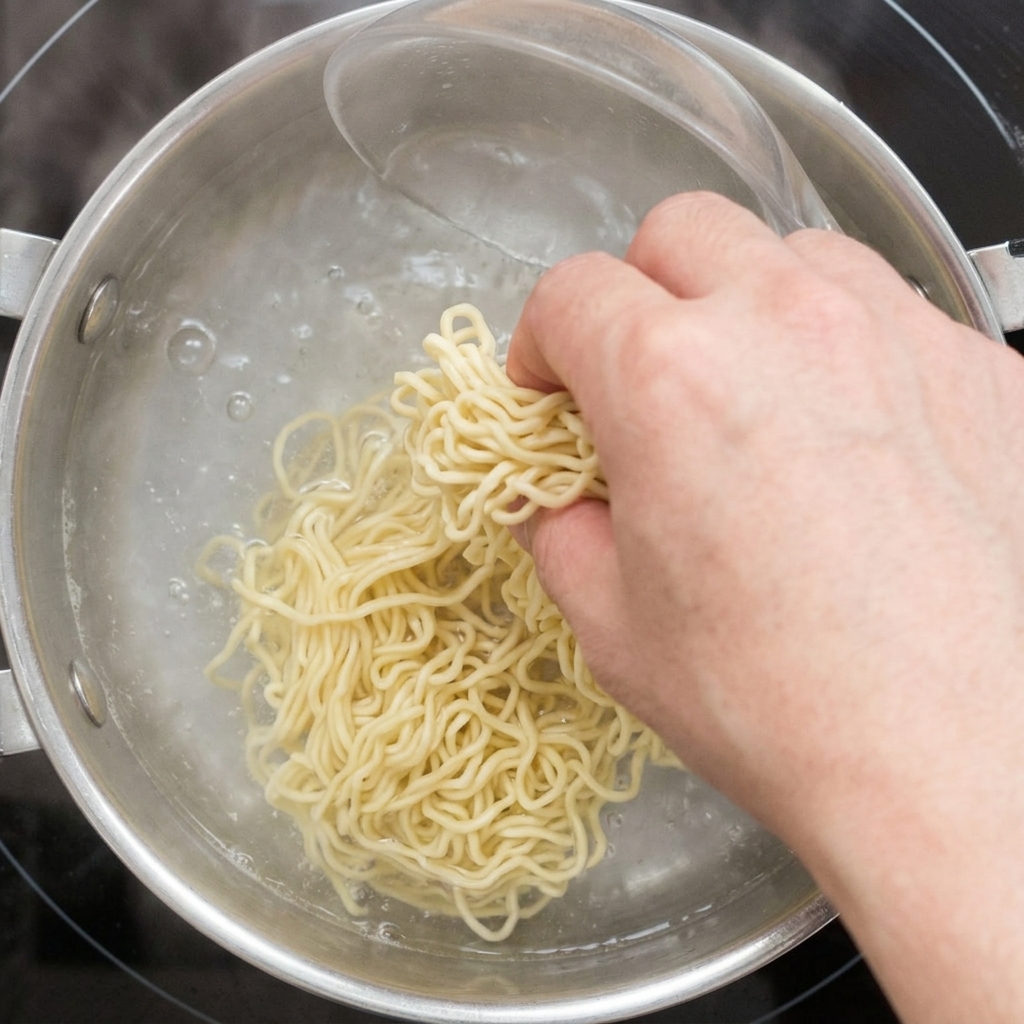 Frische Ramen-Nudeln werden in einen Topf mit kochendem Wasser gegeben.
