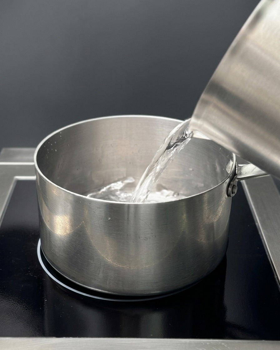 Kaltes Wasser wird aus einem Metallkrug in einen Topf auf einem Induktionsherd gegossen.
