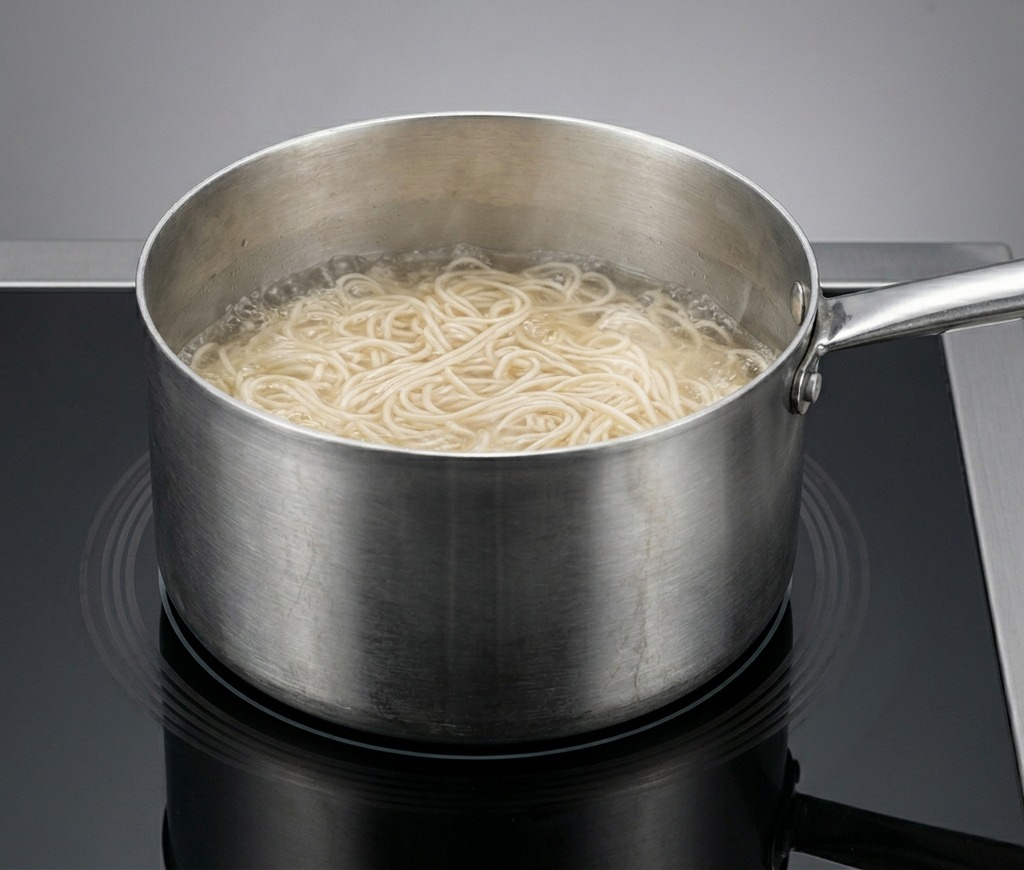 Ramen-Nudeln kochen sprudelnd in einem Metalltopf auf dem Herd.