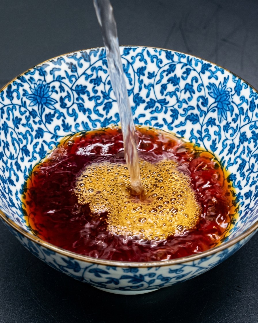Heißes Wasser wird in die Schale gegossen und vermischt sich mit der dunklen Basis zu einer aromatischen Brühe.