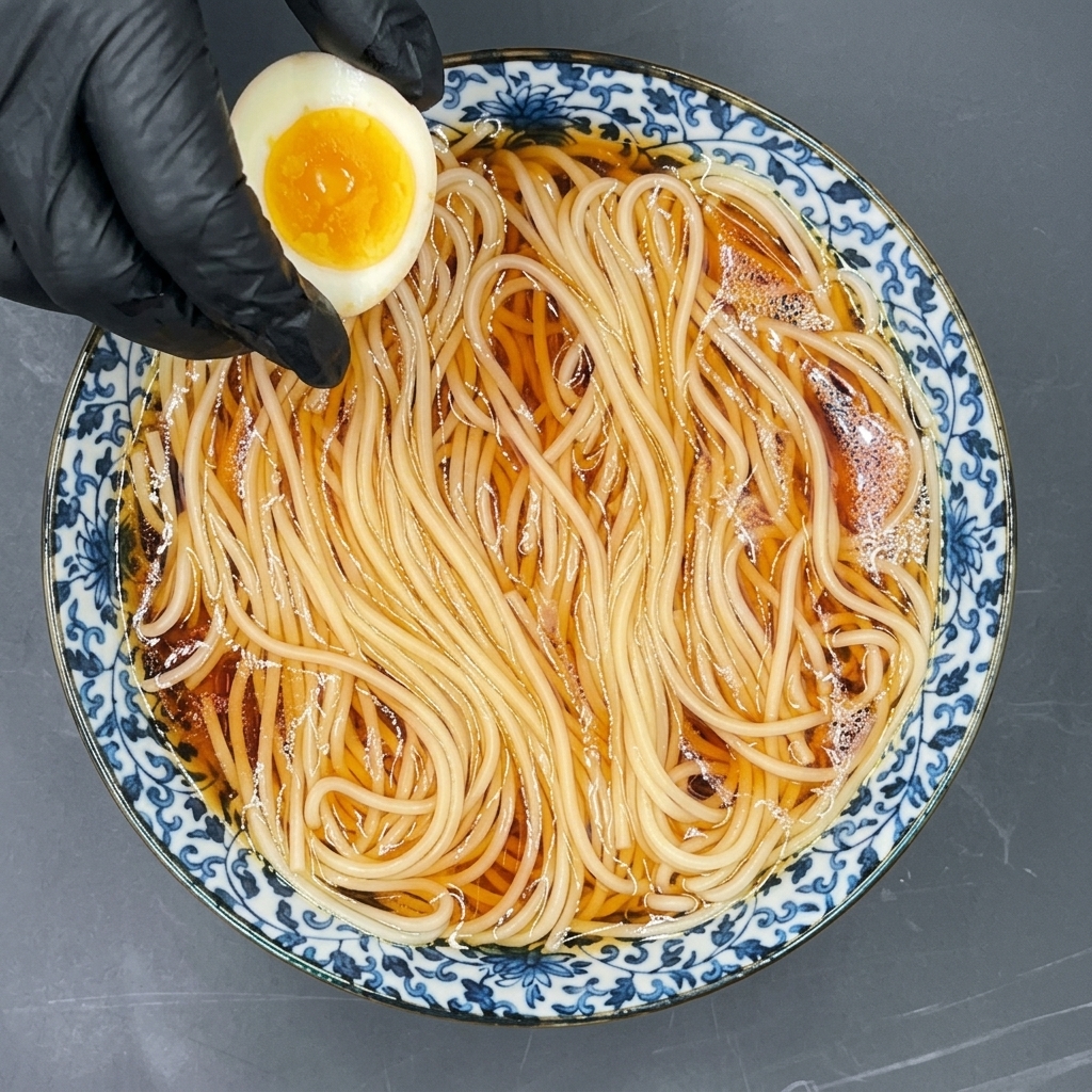 Eine Hand legt ein halbiertes, weichgekochtes Ei auf die Ramen-Nudeln in der Brühe.