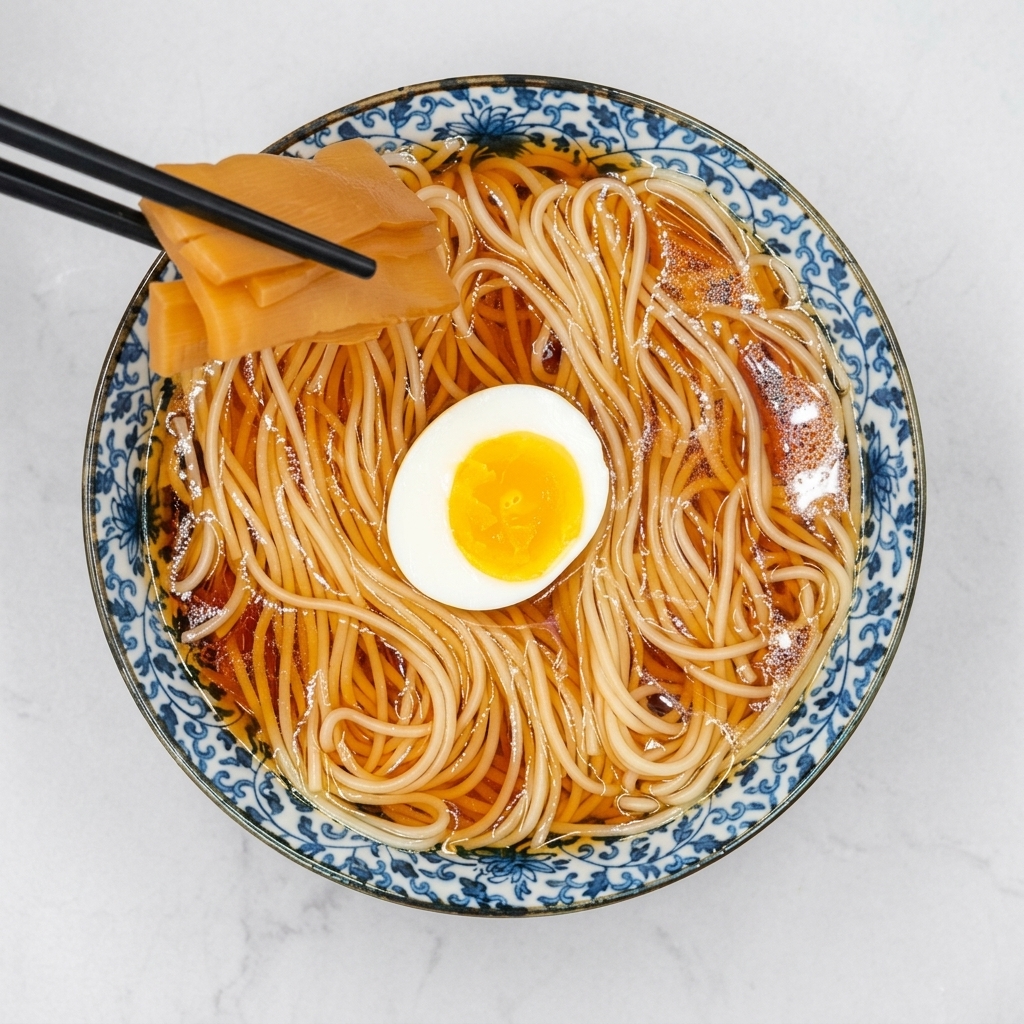 Schwarze Stäbchen legen Bambussprossen neben das weichgekochte Ei in die Ramen-Schale.