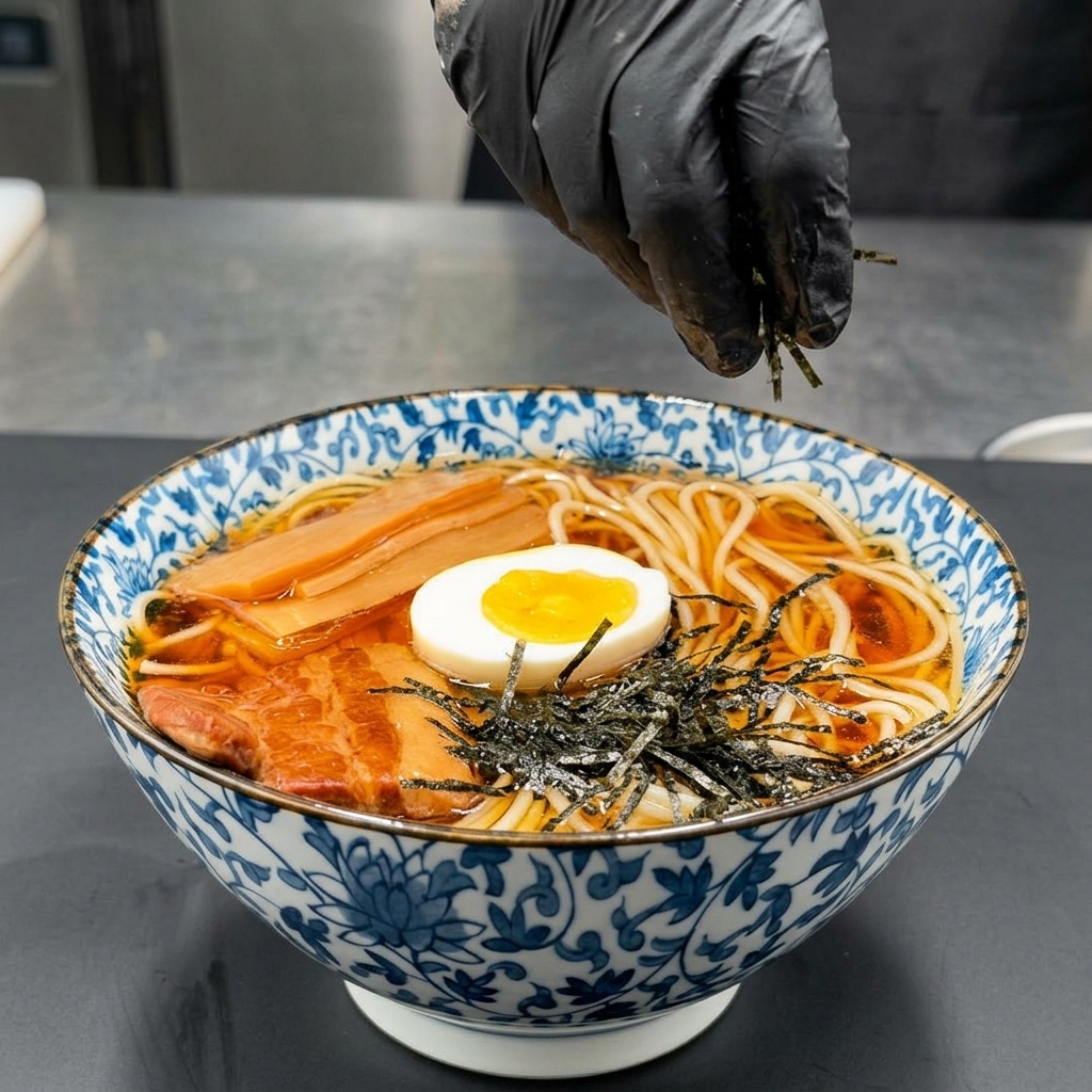 Eine Hand streut Nori-Algenstreifen über die fertig angerichtete Ramen-Bowl.