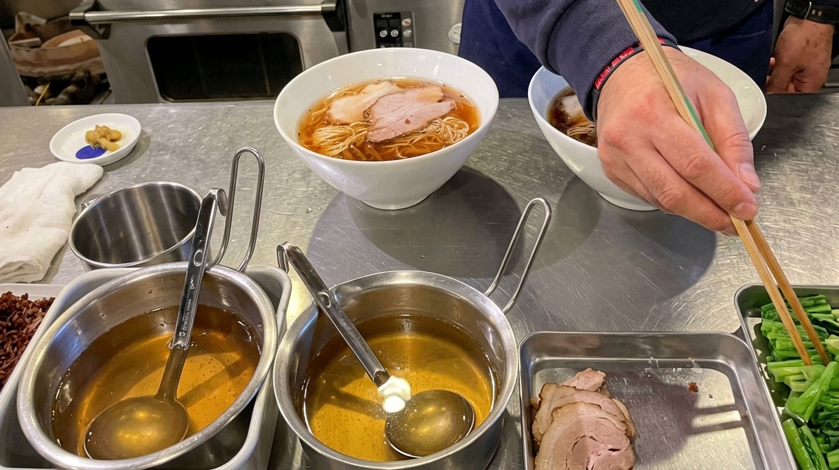 Die Hand eines Kochs mit Stäbchen neben einer Schale mit blanchiertem Spinat an einer Ramen-Schüssel.