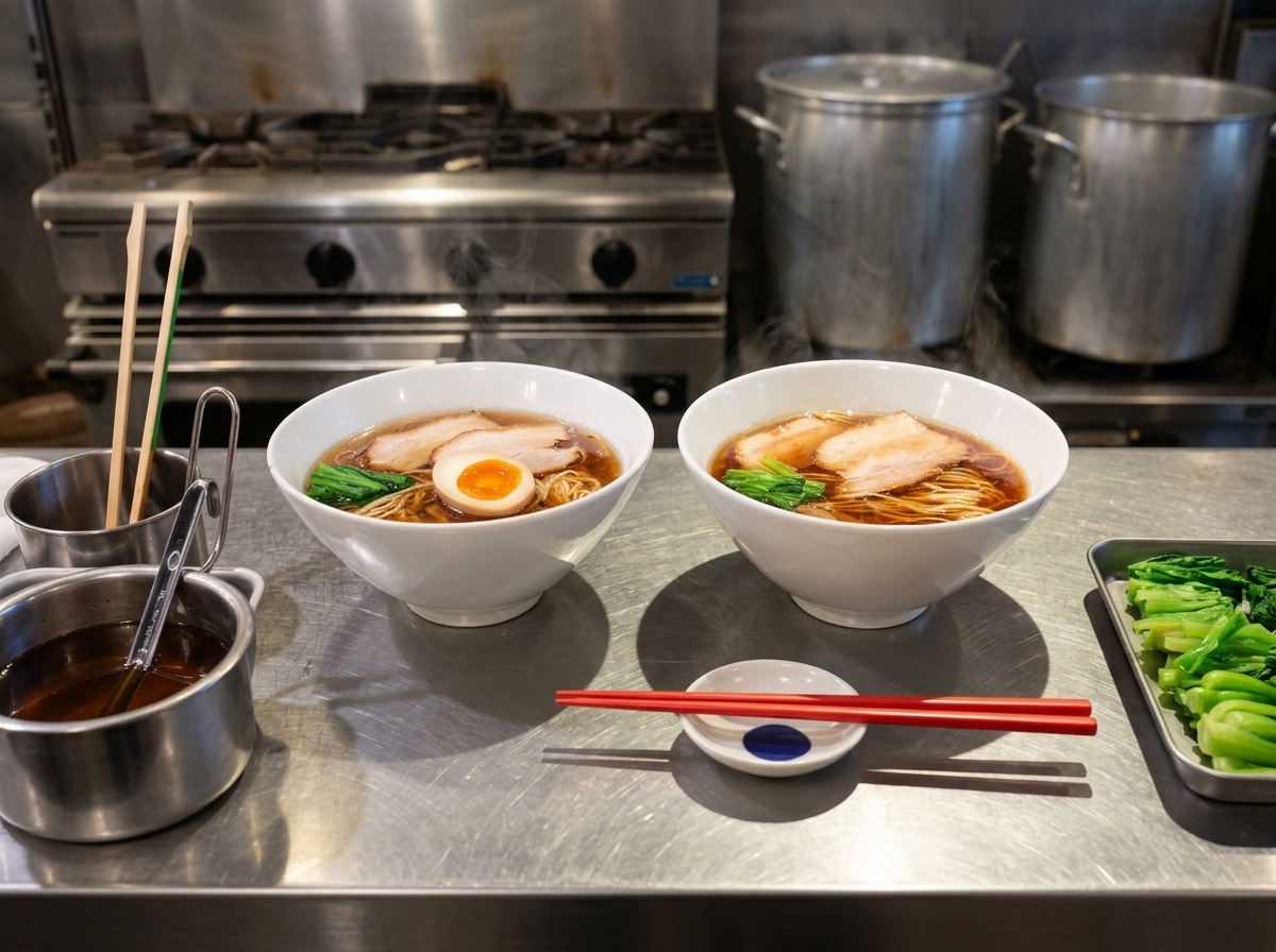 Ein halbiertes wachsweiches Ei mit leuchtend orangem Eigelb auf einer Schüssel Ramen.