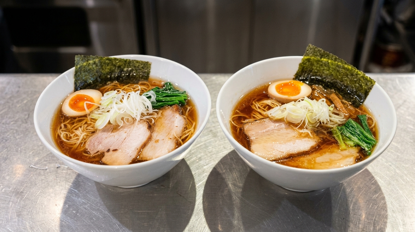 Zwei Schüsseln klassisches Tokyo Shoyu Ramen mit klarer bernsteinfarbener Brühe, zartem Schweine-Chashu und wachsweichen Eiern.