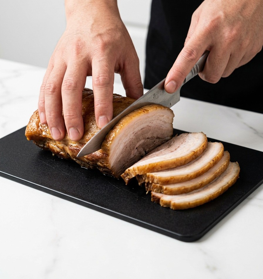 Nahaufnahme von Händen, die einen gegarten Schweinebauch mit einem scharfen Messer auf einem Schneidebrett in Scheiben schneiden.