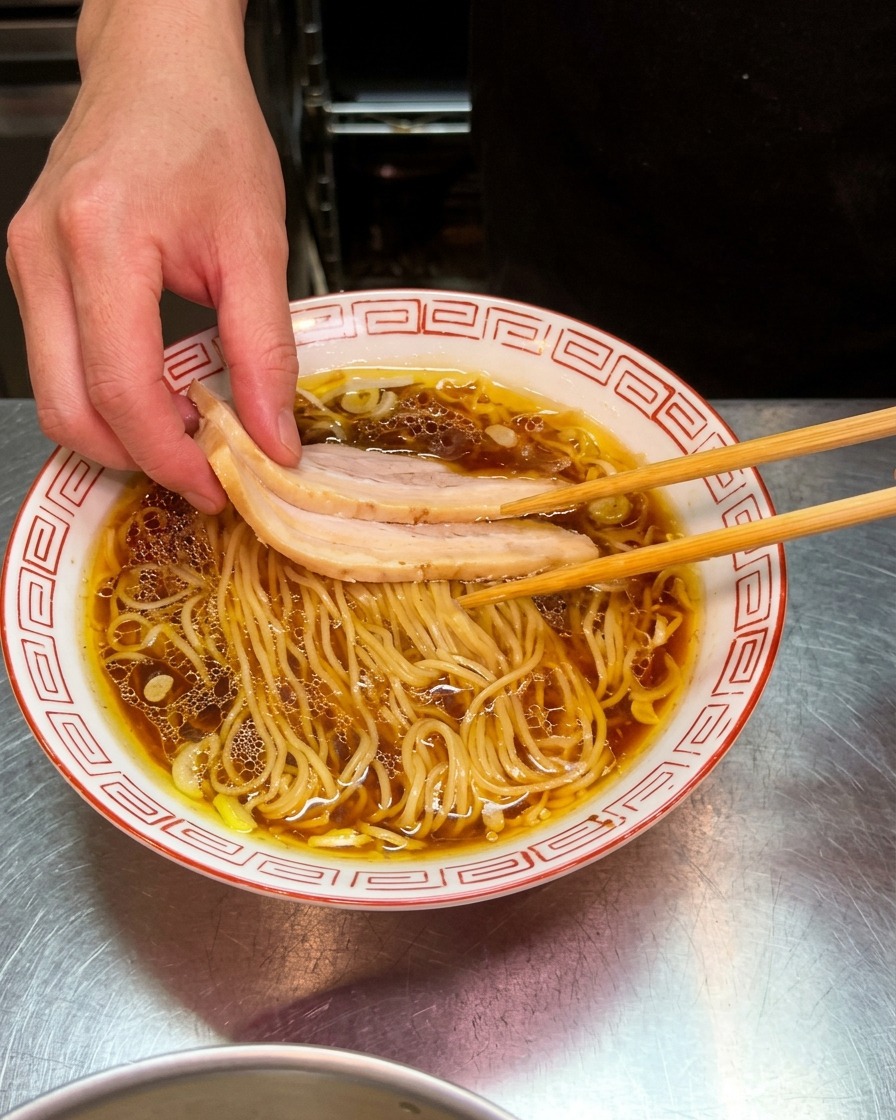 Eine Hand platziert mit Stäbchen zwei Scheiben zartes Chashu auf die Oberfläche der Ramen.