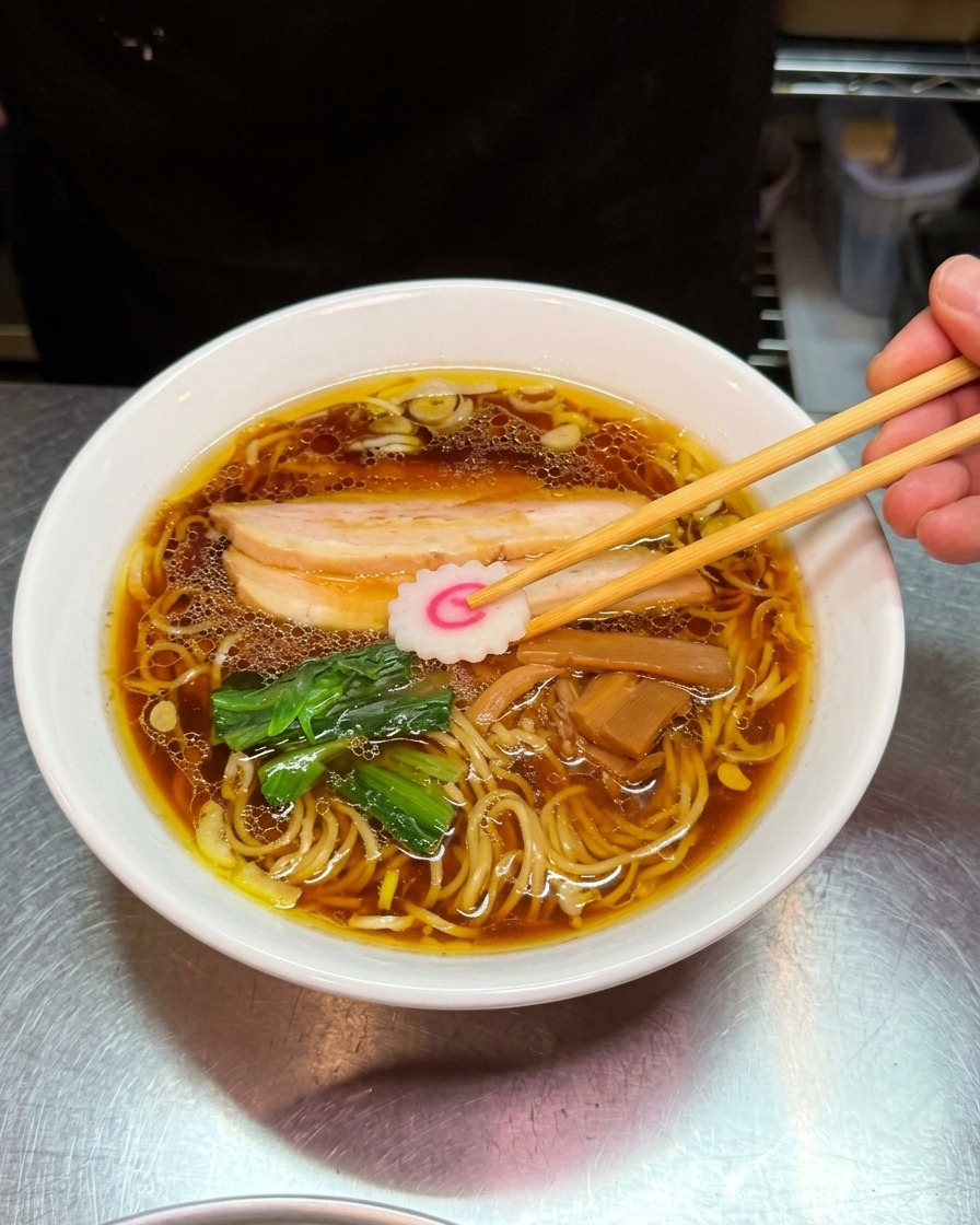 Stäbchen legen eine Scheibe rosa-weiß gestreiften Narutomaki-Fischkuchen auf die Shoyu-Ramen.