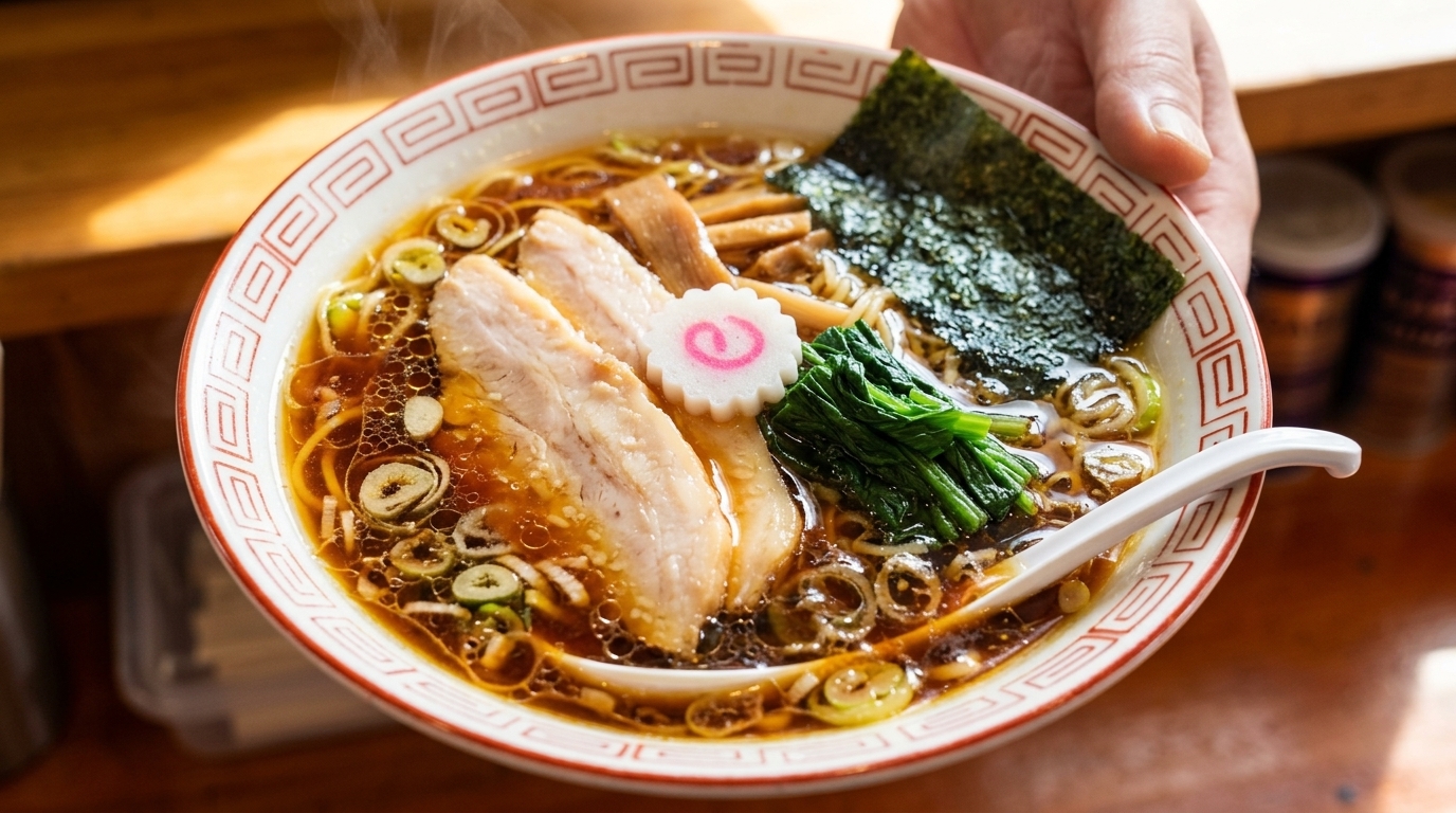 Eine dampfende Schüssel klassischer Shoyu-Ramen mit zartem Chashu, Narutomaki und frischem Nori-Blatt.