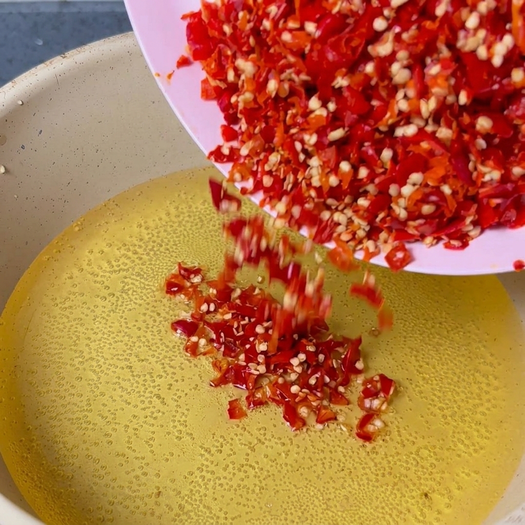 Fein gehackte Chilis werden in das heiße, sprudelnde Öl gegeben.