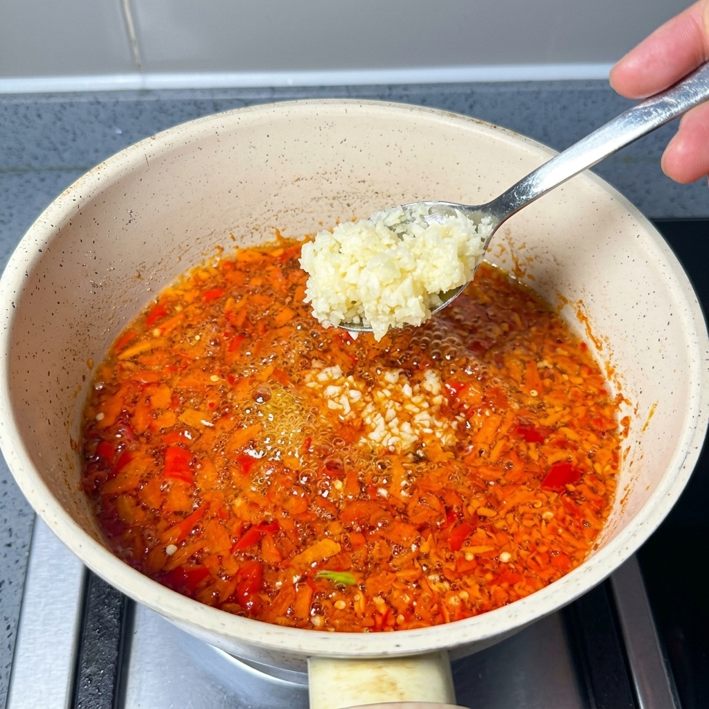 Ein Metalllöffel gibt gehackten Knoblauch in das rote Chiliöl.