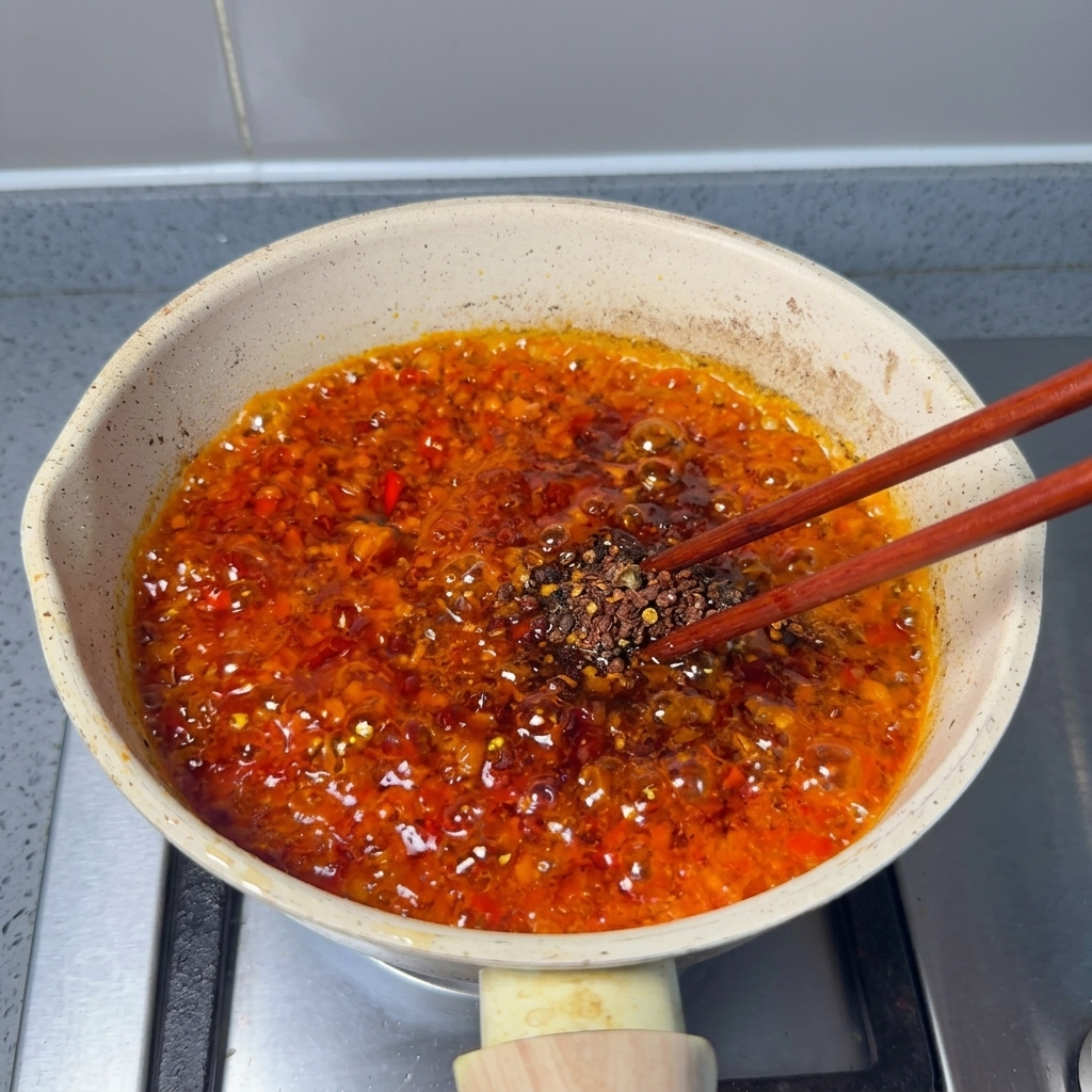 Holzstäbchen rühren eine dunkle, tiefrote Chilipaste in der Pfanne.