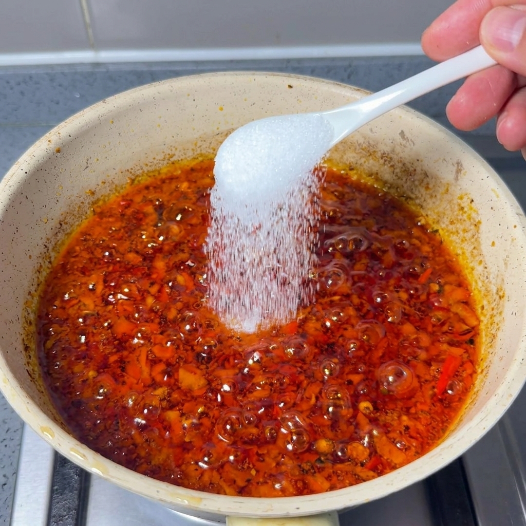 Weißer Zucker wird in die rote Chilipaste gestreut.