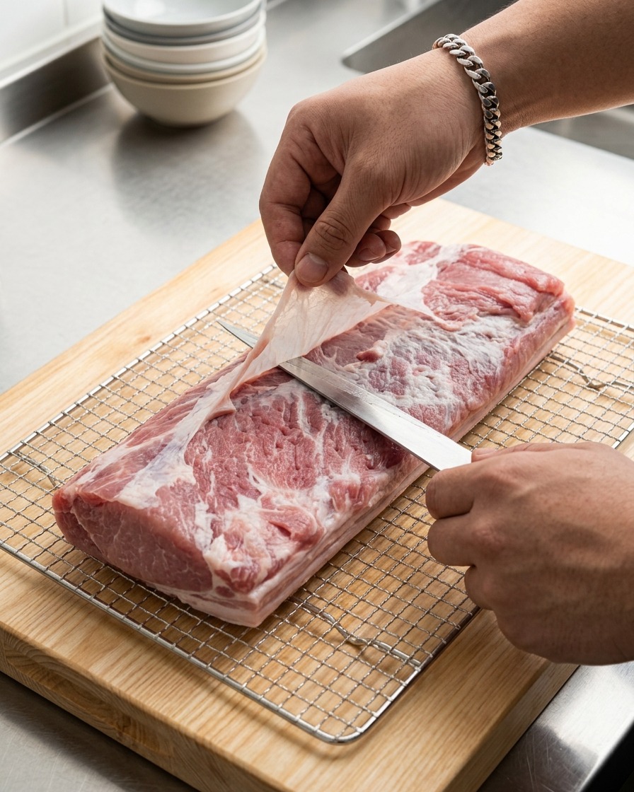 Hände benutzen ein scharfes Messer, um vorsichtig eine dünne Schicht von der Oberfläche eines rohen Schweinebauchs auf einem Holzbrett zu entfernen.
