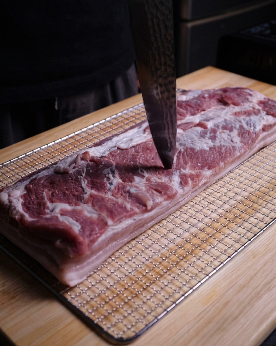 Die Spitze eines Kochmessers sticht wiederholt in die Oberfläche eines rohen Schweinebauchs ein.