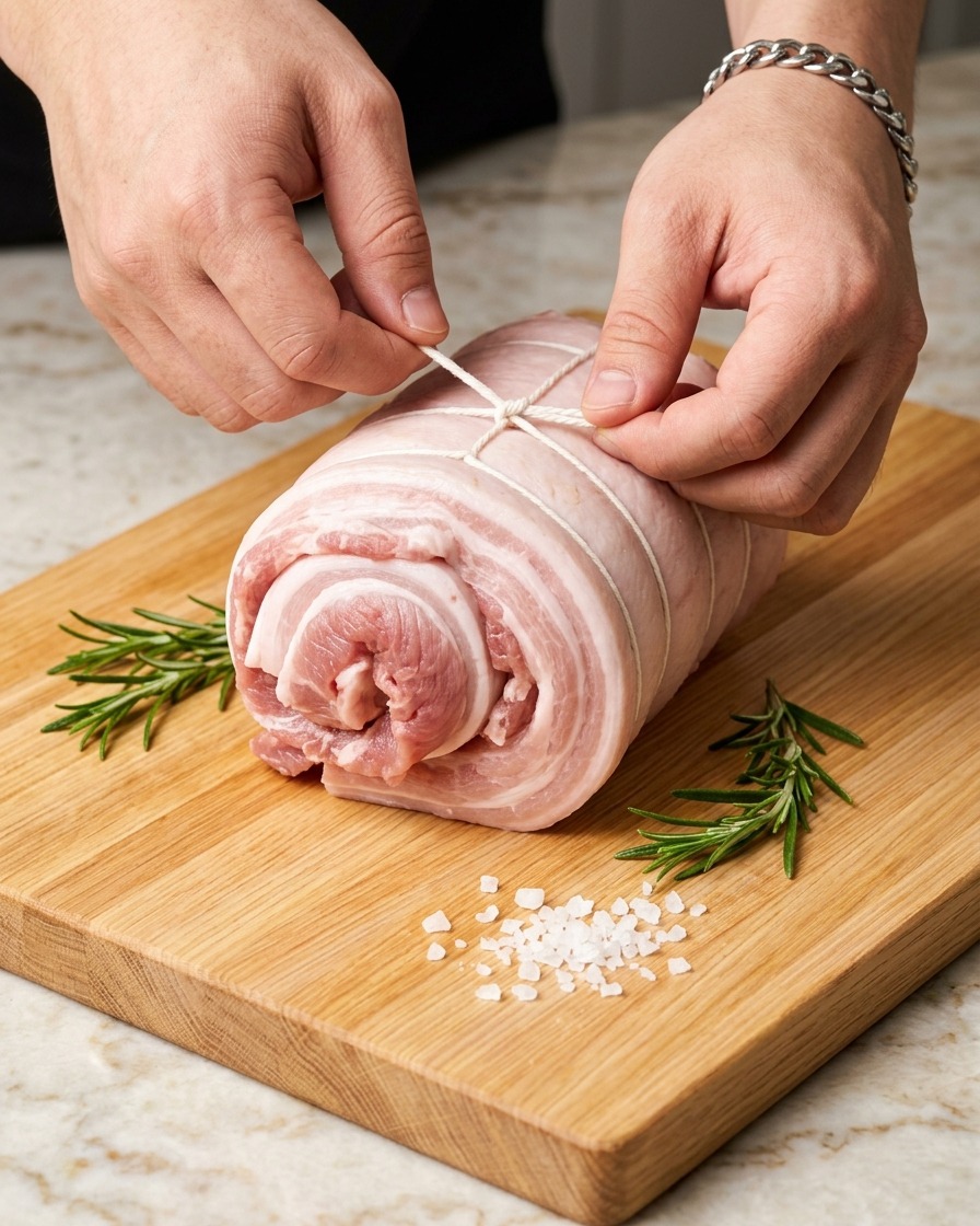 Hände binden Küchengarn um einen fest gerollten rohen Schweinebauch, um die Form zu fixieren.
