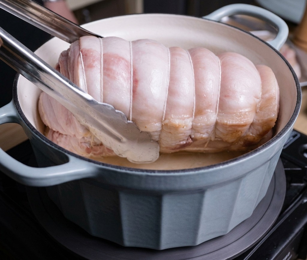 Eine Grillzange senkt die gebundene Schweinebauchrolle zum Anbraten in einen hellblauen gusseisernen Topf.