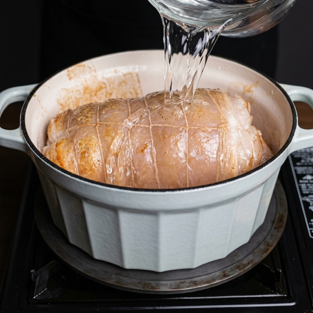 Klares Wasser wird aus einer Glaskaraffe in einen gusseisernen Topf mit der angebratenen Schweinebauchrolle gegossen.