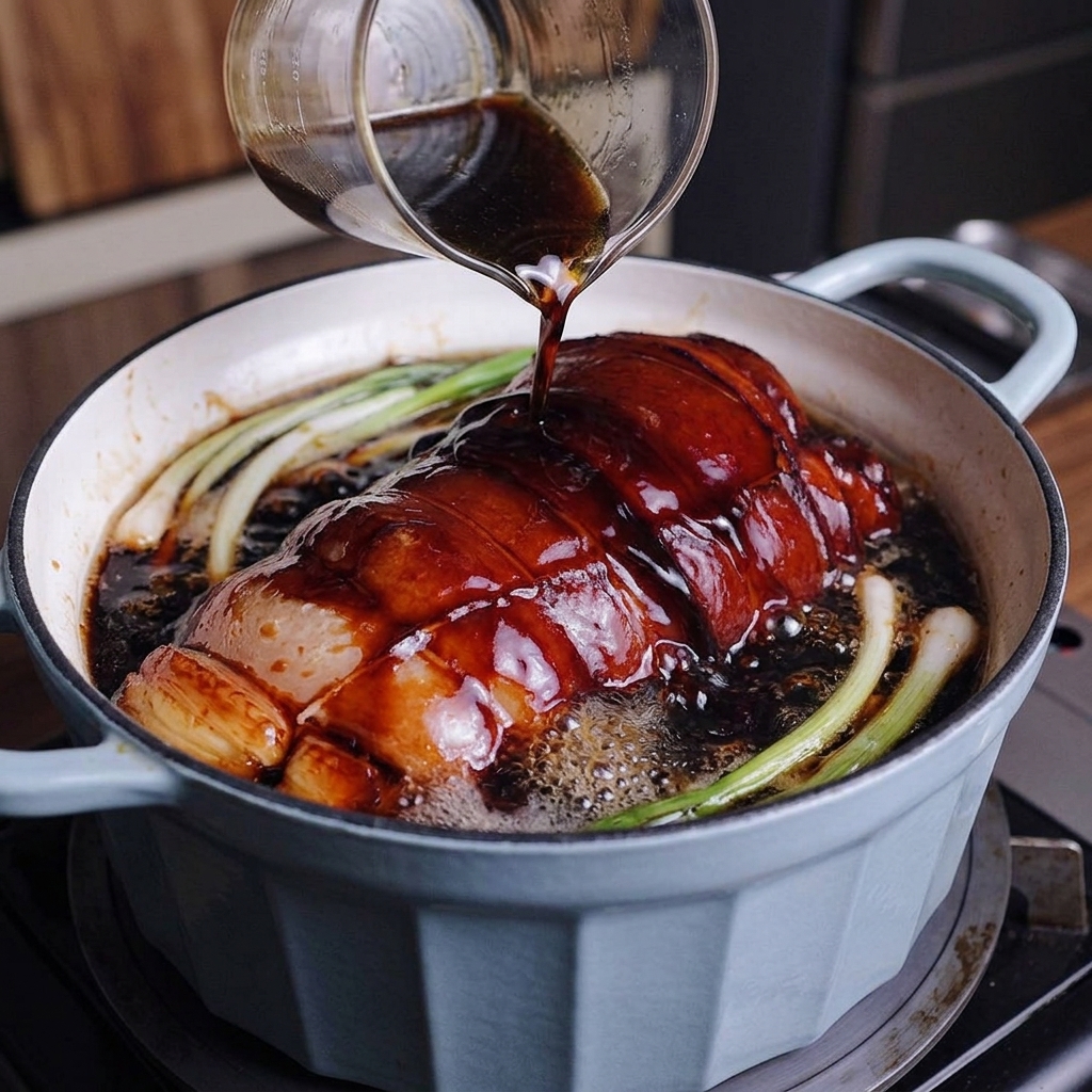 Dunkle Sojasauce wird in den Topf zum Fleisch und den Frühlingszwiebeln gegossen.