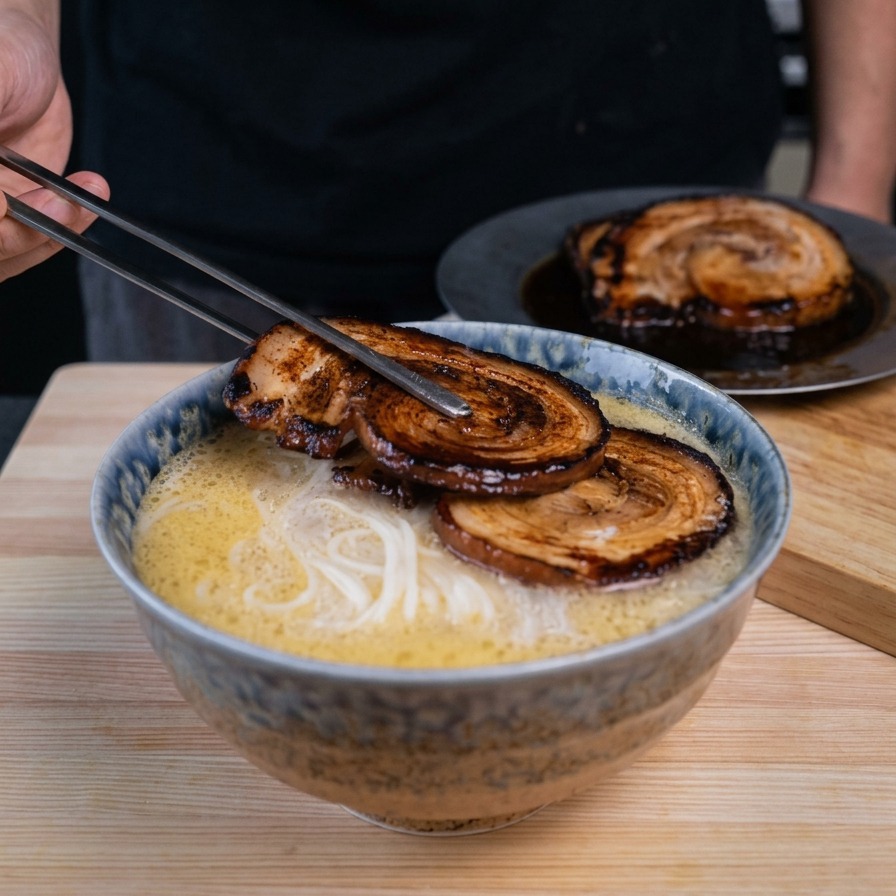 Eine Zange platziert karamellisierte Chashu-Scheiben auf einer dampfenden Schüssel Ramen.