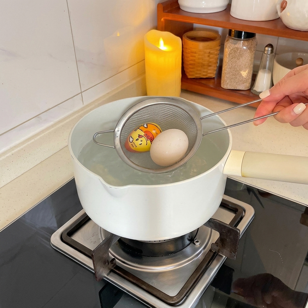 Eine Hand lässt Eier vorsichtig mit einem Schaumlöffel in einen Topf mit kochendem Wasser gleiten.