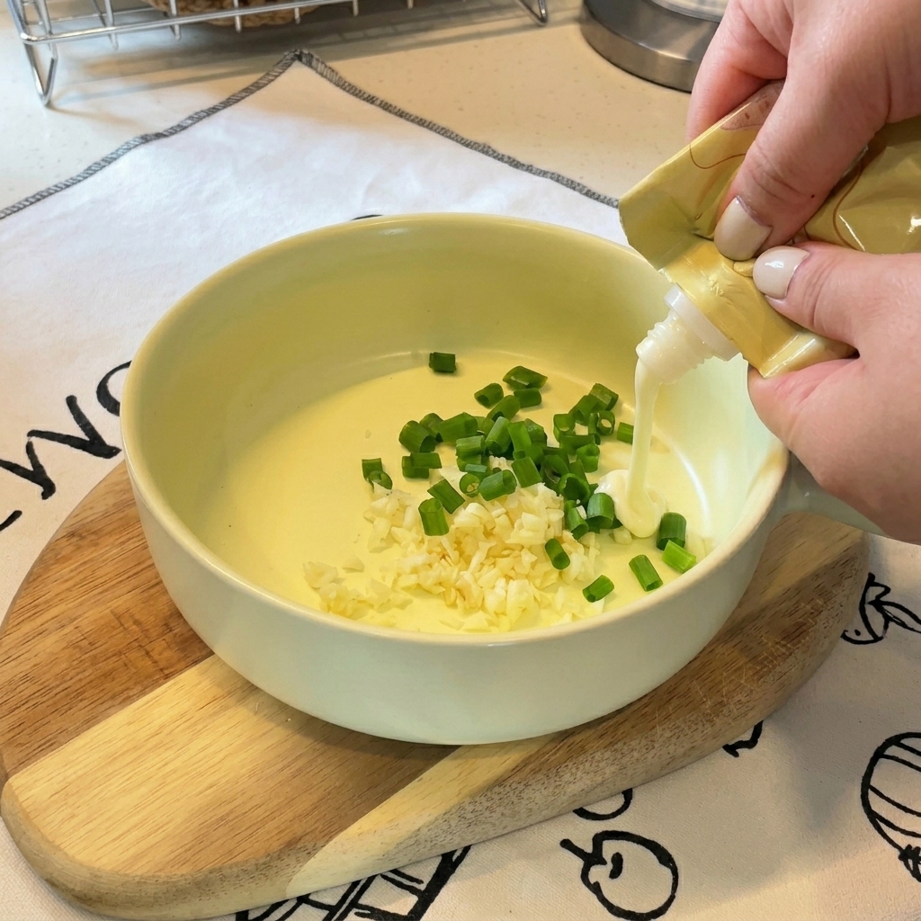 Japanische Mayonnaise wird aus einer Tube in eine Schüssel mit gehacktem Knoblauch und Frühlingszwiebeln gedrückt.