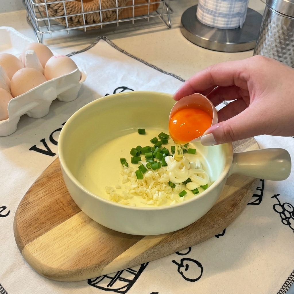 Ein leuchtend oranges Eigelb wird zu den anderen Zutaten in die Schüssel gegeben.