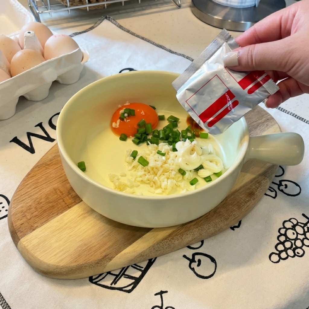 Das Gewürzpulver aus der Instant-Ramen-Packung wird über das Eigelb und die Mayonnaise gestreut.