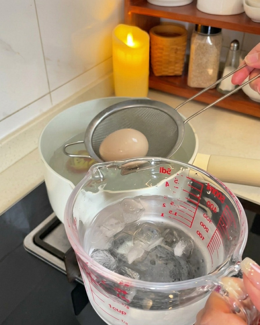 Ein Ei wird mit einem Sieb aus dem heißen Wasser gehoben und in ein Eisbad gelegt.