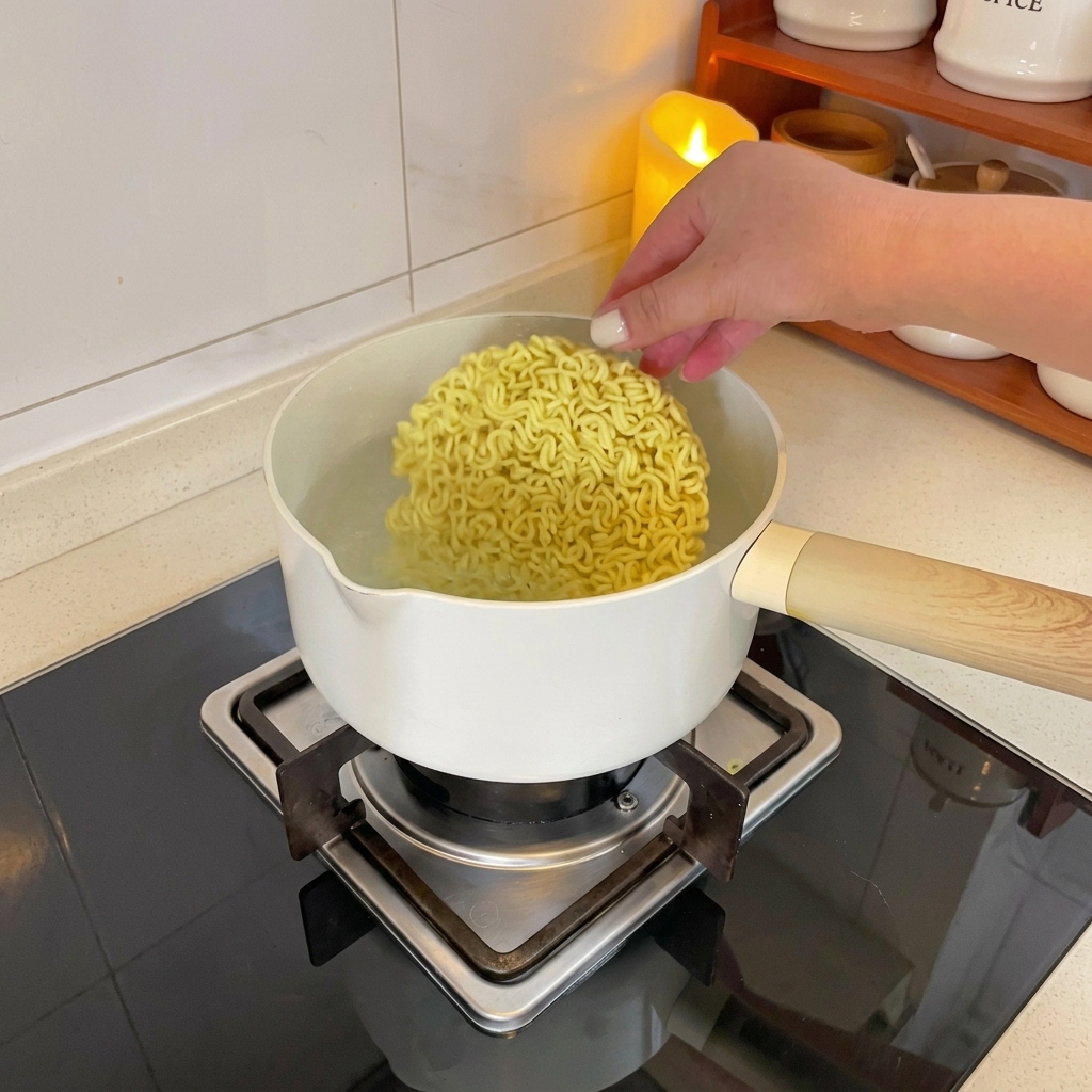 Ein Block trockener Instant-Nudeln wird in einen Topf mit kochendem Wasser gegeben.