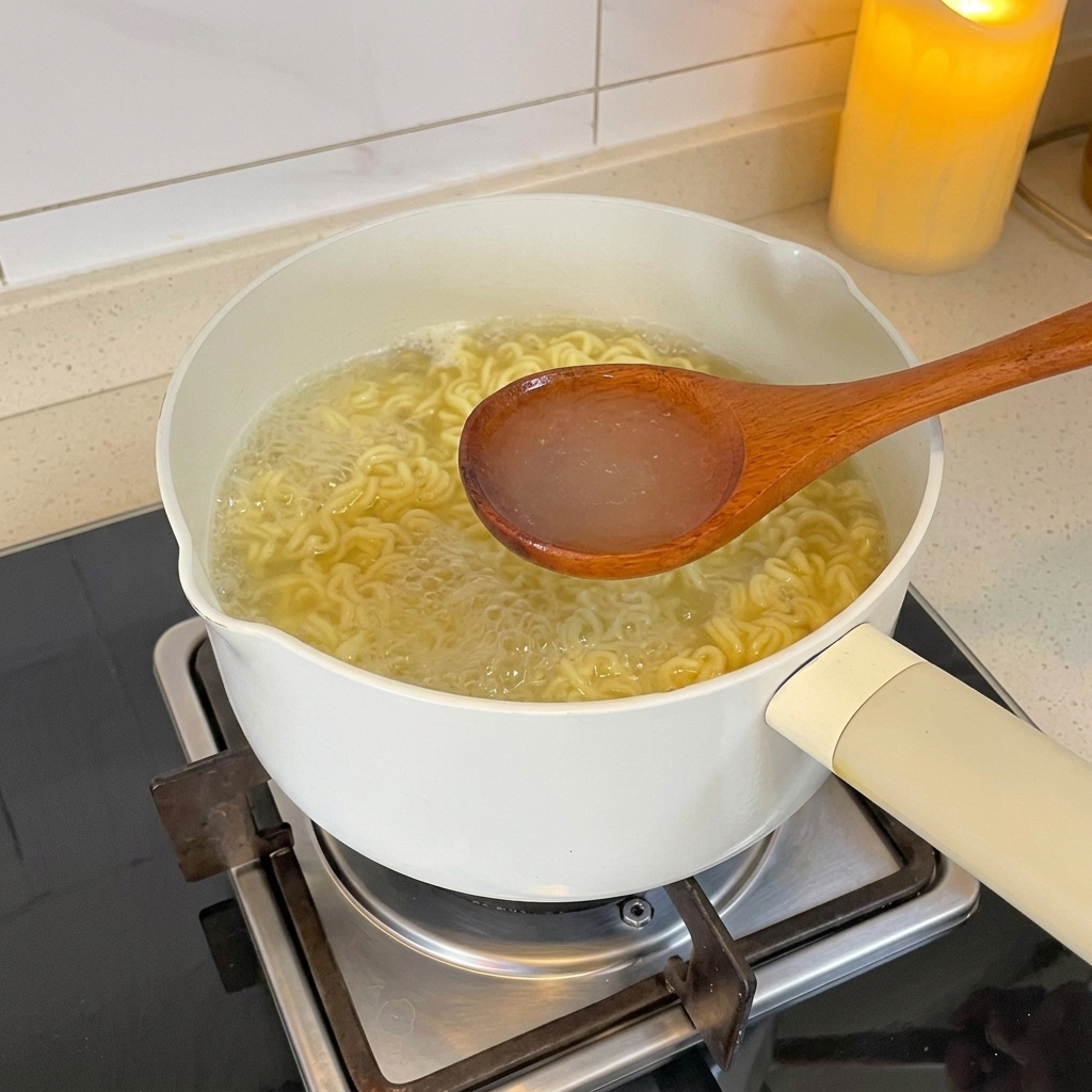 Ein Holzlöffel schöpft trübes, heißes Nudelwasser aus dem Kochtopf ab.