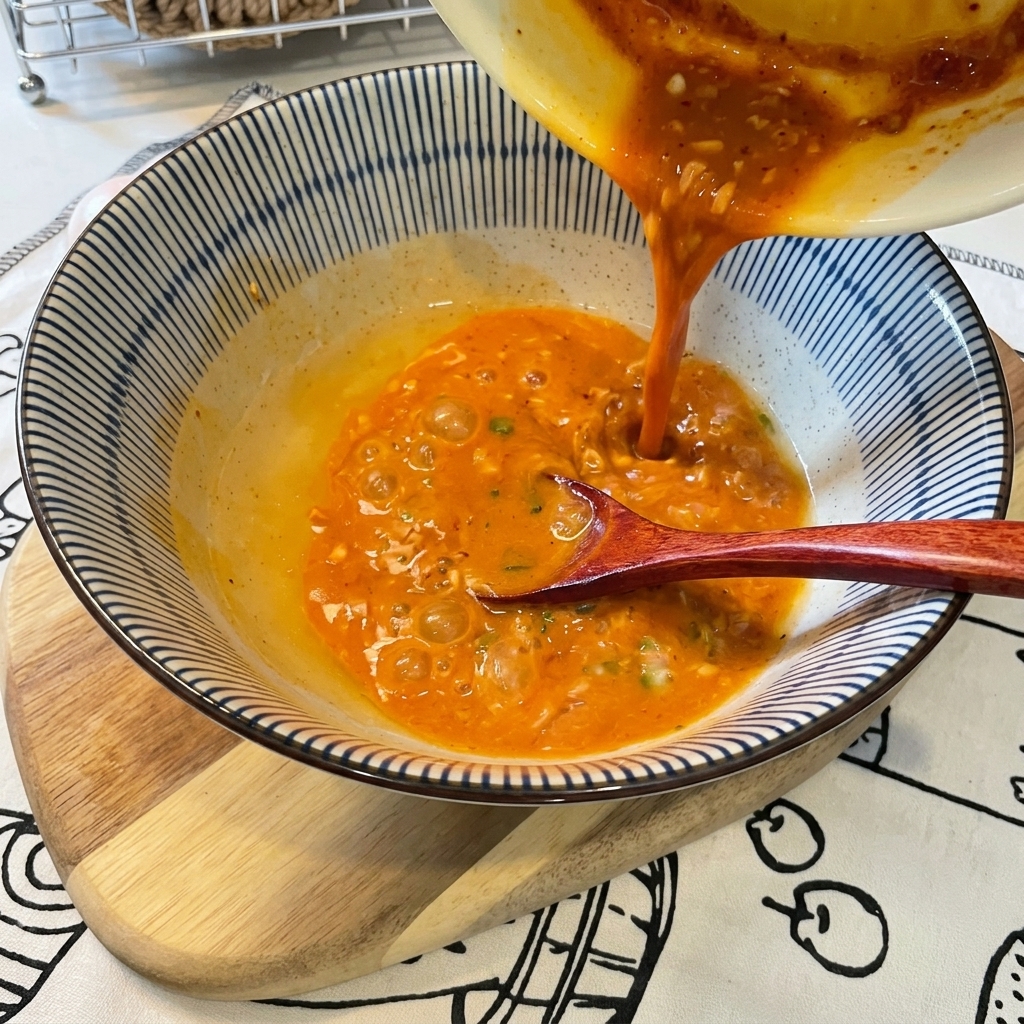 Heißes Wasser wird in eine Schüssel gegossen und mit einer Paste zu einer cremigen Suppe verrührt.