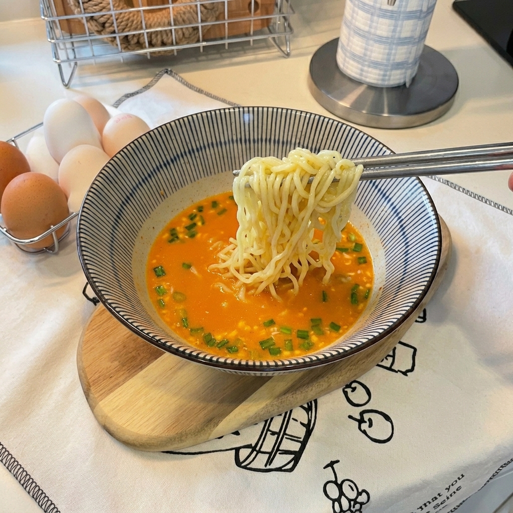Mit Stäbchen werden die gekochten Nudeln in die cremige, orangefarbene Brühe gehoben.