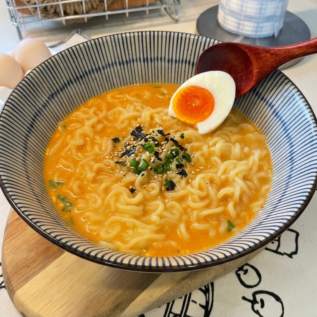 Eine Schüssel Ramen, garniert mit einer Eihälfte, die ein flüssiges, oranges Eigelb zeigt.